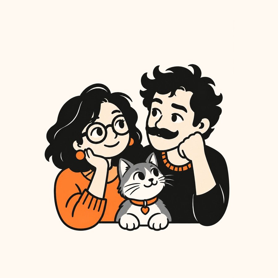 Illustration of Mia and Leo, the Heartside couple, with Lord – a grey cat with a white muzzle, chest and paws and an orange heart-tag collar